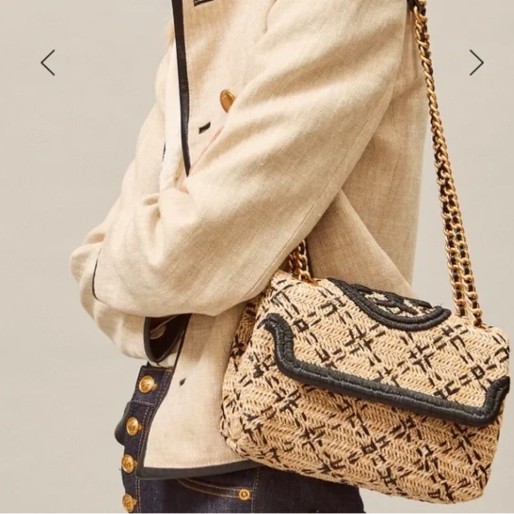 Tory Burch Fleming Soft Straw Small Convertible Shoulder Bag Natural Black